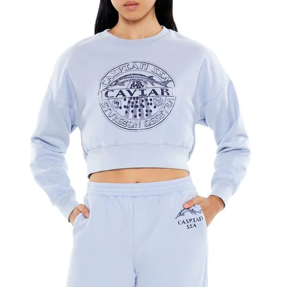 Forever 21 Blue CAVIAR GRAPHIC CROPPED PULLOVER Crewneck Size S
